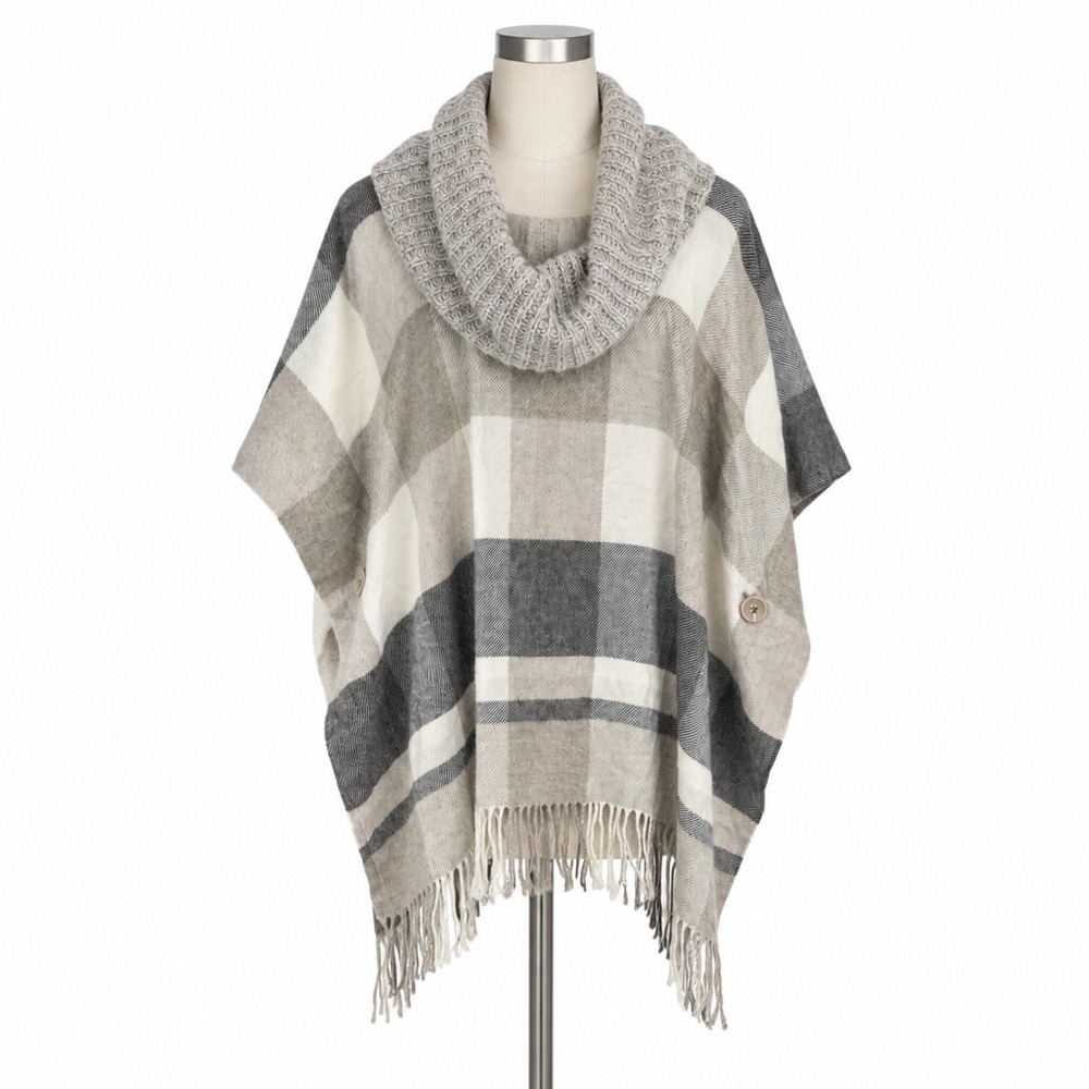 V Fraas Plaid Cowl Neck Poncho Sweater Fringe Gray Beige Med